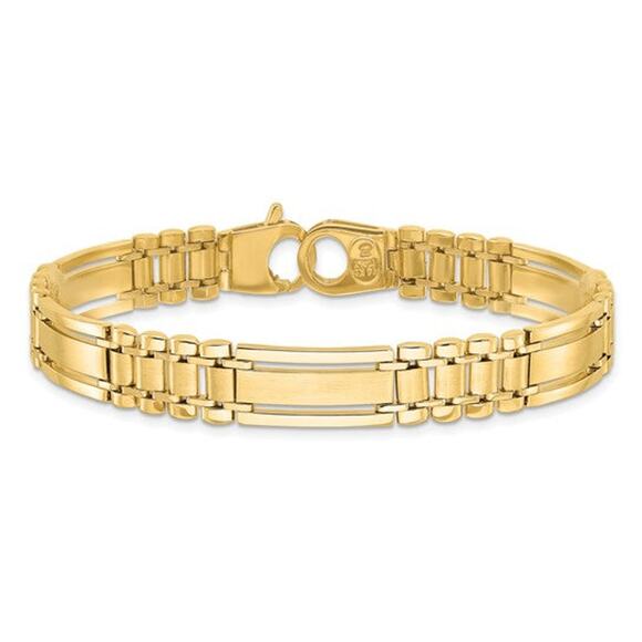 14k Polished and Satin 8.8mm Fancy Bar Link 8.5 inch Mens Bracelet - Picture 1 of 16